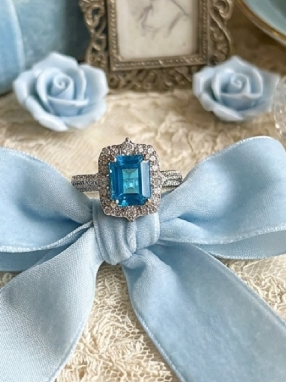 Topaz Blue Statement Ring Coquette Princess Vintage Vibe Art Deco Cocktail Regal